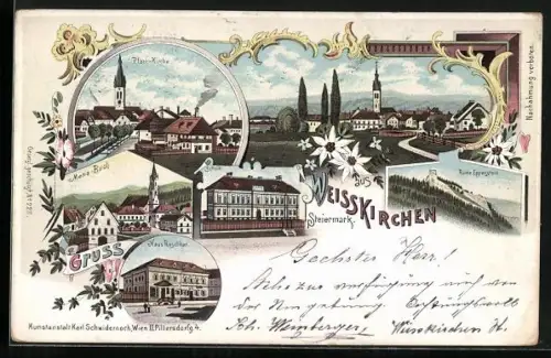 Lithographie Weisskirchen /Steiermark, Ruine Eppenstein, Maria-Buch, Pfarrkirche, Haus Roschker