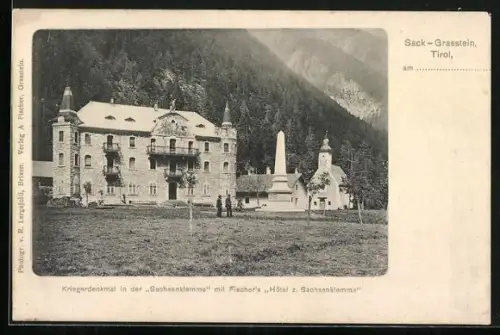 AK Franzensfeste, Sack-Grasstein, Kriegerdenkmal in der Sachsenklemme mit Fischer`s Hotel zur Sachsenklemme