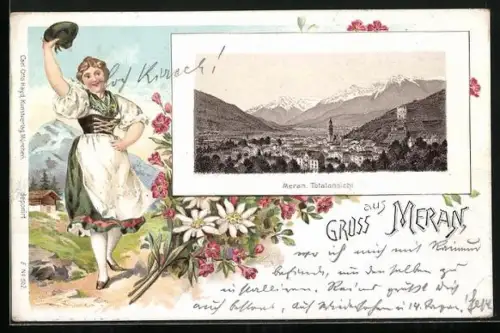 Lithographie Meran, Ortsansicht mit Kirche und Bergpanorama