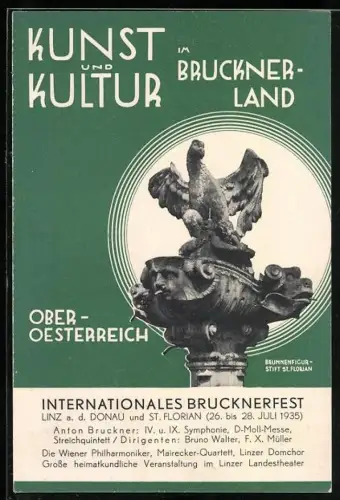AK Linz / Donau, Internationales Brucknerfest, Juli 1935, Kunst und Kultur, Brunnenfigur Stift St. Florian, Orange Farbe