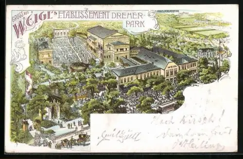 Lithographie Wien, Weigl`s Etablissement Dreher Park aus der Vogelschau