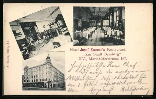 AK Wien, Hotel Josef Knauer`s Restaurant Zur Stadt Bamberg in der Mariahilferstrasse 167
