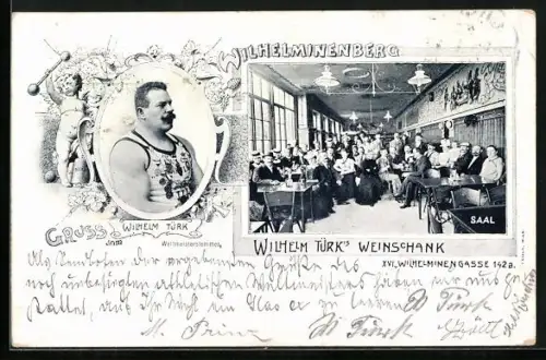 AK Wien, Gasthaus Wilhelm Türk`s Weinschank in der Wilhelminengasse 142a, Porträt des Besitzers