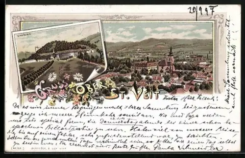 Lithographie Ober St. Veit, Blick auf die Einsiedelei, Totalansicht