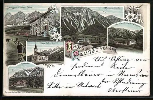 Lithographie Ramsau / Dachstein, Ortsansicht, Dachstein mit Austria-Hütte, Ramsauhof