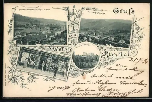 AK Wartberg /Mürztal, Tabak-Handlung Hans Krenn, Fabrik-Etablissement Vogel & Noot, Ruine Lichtenberg