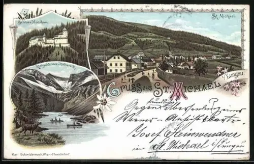 Lithographie St. Michael i. Lungau, Schloss Moosham, Rothgüldensee u. Hafnereck