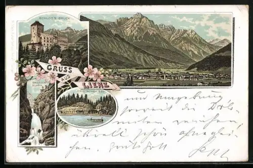 Lithographie Lienz, Gesamtansicht, Tristacher See, Galitzenklamm, Schloss Bruck