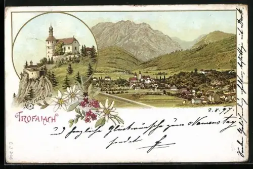 Lithographie Trofaiach, Ortsansicht aus der Vogelschau mit Kirche