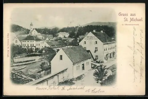 AK St. Michael in Obersteiermark, Teilansicht mit Gasthaus und Handlung Hans Stölzle