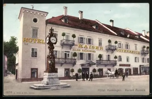 AK Aussee, Gäste am Hotel zum Kaiser von Österreich, A. Hackinger, wartende Kutsche