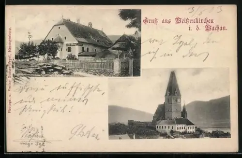 AK Weissenkirchen i. d. Wachau, Gasthaus im Ort, Blick zur Kirche