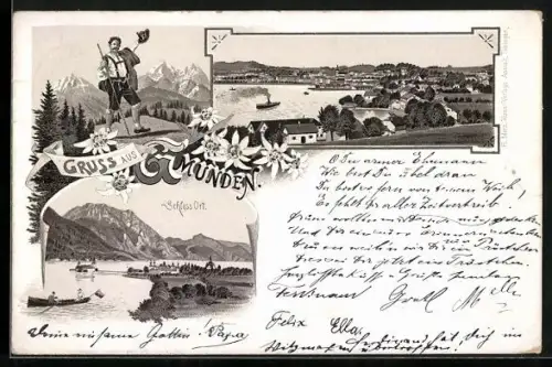 Lithographie Gmunden, Schloss Ort, Ortspanorama und Bergsteiger in Lederhosen