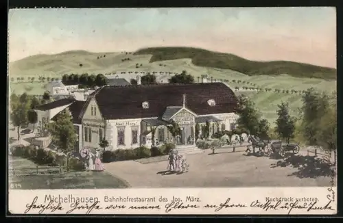 Künstler-AK Michelhausen, Bahnhof-Restaurant von Jos. März