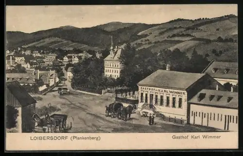 Künstler-AK Sieghartskirchen, Loibersdorf (Plankenberg), Gasthof Karl Wimmer mit Ortspanorama
