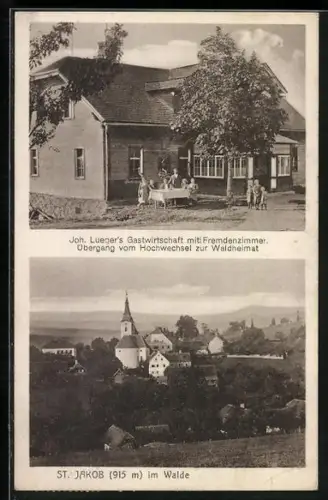 AK St. Jakob im Walde, Pension-Gasthaus Joh. Lueger, Ortspartie mit Kirche