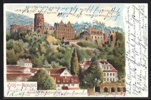Lithographie Heidelberg, Schloss von der Hirschgasse