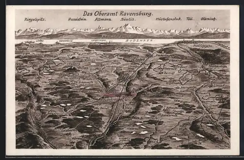 Künstler-AK Eugen Felle: Ravensburg / Württ., Umgebungskarte des Oberamts