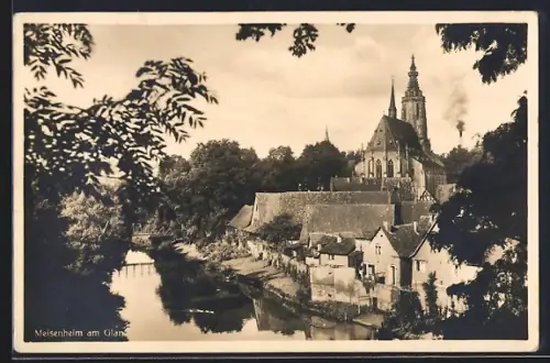 AK Meisenheim am Glan, Ortsansicht mit Fluss und Kirche aus der Vogelschau