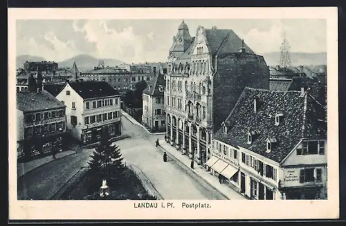 AK Landau i. Pf., Postplatz aus der Vogelschau