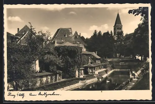 AK Isny /Allgäu, Teilansicht mit Stadtgraben aus der Vogelschau