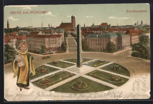 AK München, Karolinenplatz mit Obelisk aus der Vogelschau, Münchner Kindl