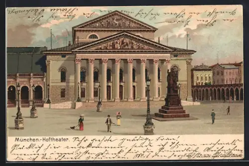 Lithographie München, Hoftheater und Passanten um 1900