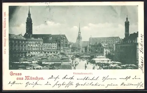 AK München, Viktualienmarkt mit Marktbetrieb aus der Vogelschau