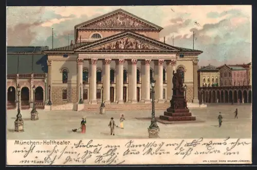 Lithographie München, Hoftheater und Passanten um 1900