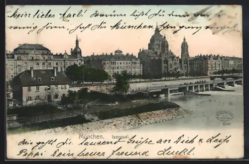 AK München, Isarquai aus der Vogelschau, Panorama