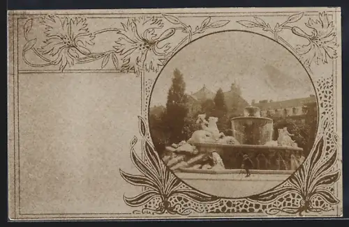 Foto-AK München, Wittelsbacher Brunnen, Ornament-Rahmen