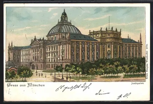 Lithographie München, Justizpalast mit Anlagen