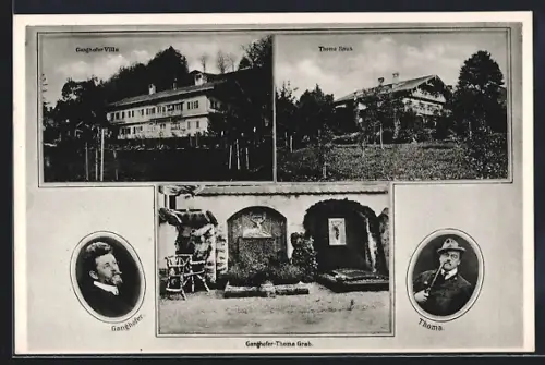 AK Rottach-Egern, Ganghofer Villa, Thoma Haus, Ganghofer-Thoma Grab, Portrait von Thoma und Ganghofer