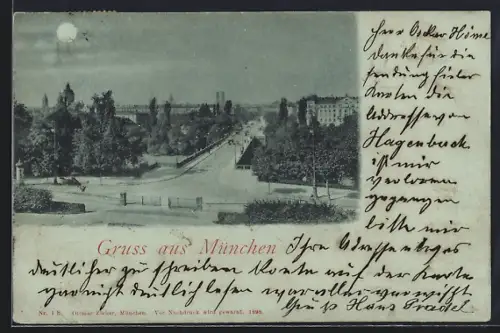 Mondschein-AK München, Stadtpanorama von der Maximiliansbrücke aus