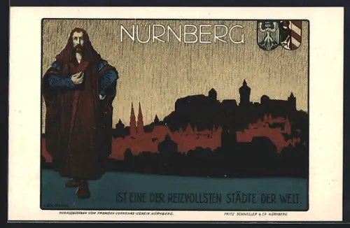 Künstler-AK Nürnberg, Stadtbild mit Albrecht-Dürer und Wappen