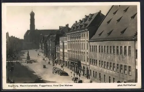 AK Augsburg, Maximilianstrasse mit Hotel Drei Mohren u. Fuggerhaus
