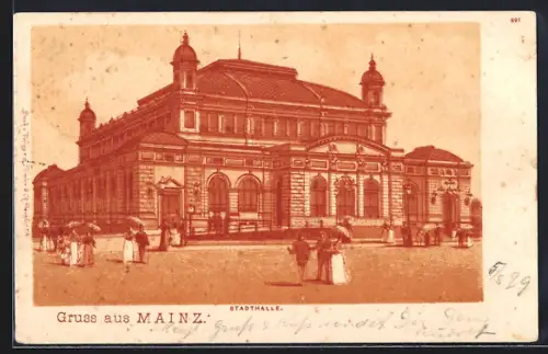 Lithographie Mainz, Stadthalle und Passanten