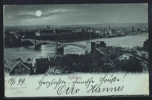 AK Koblenz, Uferpartie mit Brücke