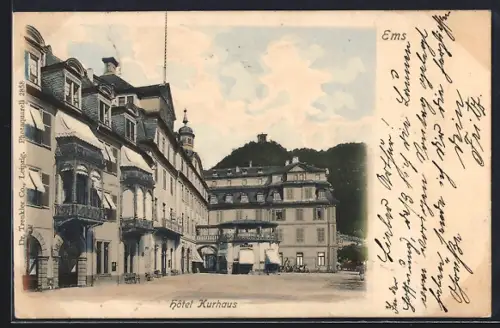 AK Ems, Hotel Kurhaus mit Platz und Turm auf dem Berg