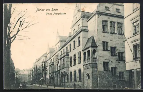 AK Mainz, Neues Postgebäude mit Strasse