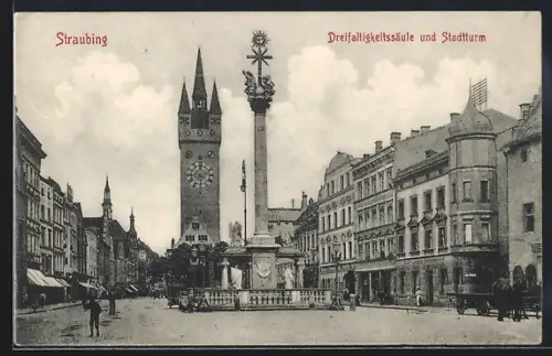 AK Straubing, Dreifaltigkeitssäule und Stadtturm, Panorama