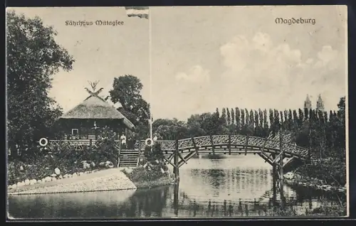 AK Magdeburg, Fährhaus Mittagsee mit Brücke, vom Wasser gesehen