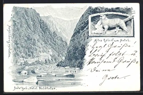 AK Thale, Hotel Waldkater, altes Relief am Hotel