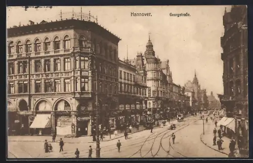 AK Hannover, Georgstrasse, Cigarren-Geschäft, Strassenbahn, Zahnarzt, Geschäfte, Kinder