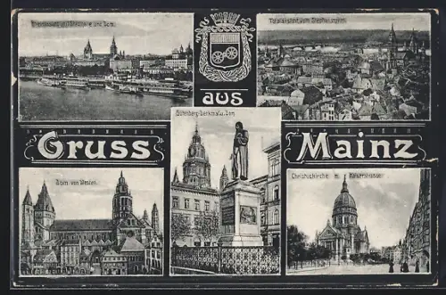 AK Mainz, Dom von Westen, Gutenberg-Denkmal und Dom, Christus-Kirche mit Kaiserstrasse, Rheinansicht mit Stadthalle