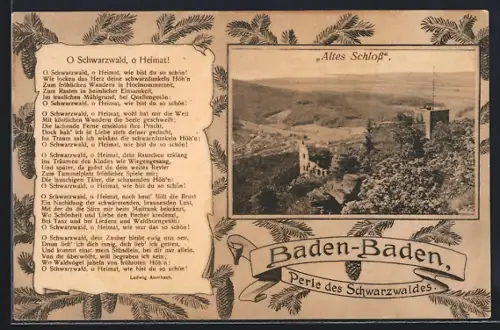 AK Baden-Baden, Altes Schloss mit Stadtblick, Gedicht O Schwarzwald..., Tannen