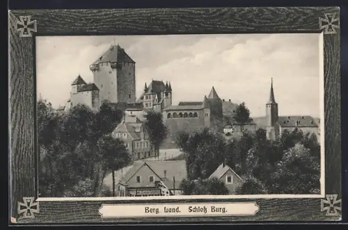 AK Burg / Wupper, Schloss Burg, im Holzrahmen mit Eisernen Kreuzen