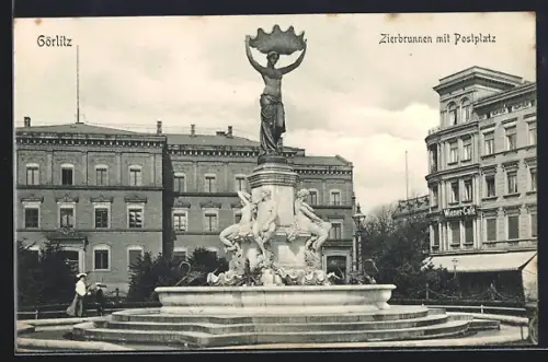 AK Görlitz, Zierbrunnen mit Postplatz