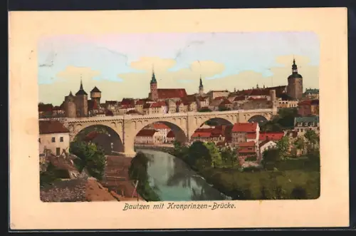 AK Bautzen, Stadtpanorama mit Kronprinzen-Brücke