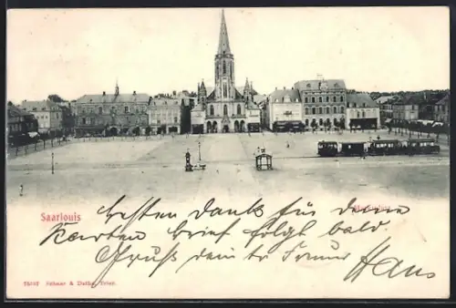 AK Saarlouis, Marktplatz mit Strassenbahn aus der Vogelschau